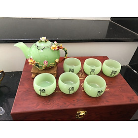 Bộ ấm trà chạm hoa sen đá ngọc cẩm thạch xanh