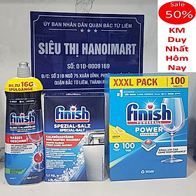 Combo Viên rửa bát fnish All in one 100 viên+Dung dịch nước làm bóng finish 750ml+Muối rửa bát chén finish 750ml cho Máy rửa bát