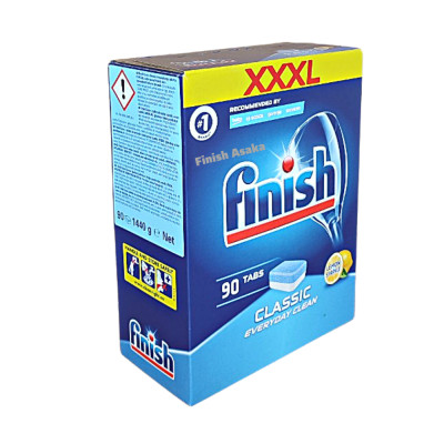 Combo rửa chén Finish: Viên Classic hộp 90 Viên, Muối hộp 4kg, Nước làm bóng 750ml, - Nhập khẩu Châu Âu.