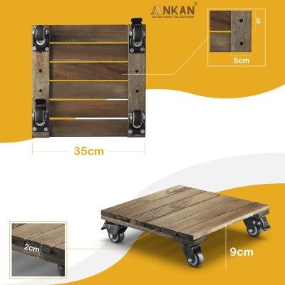 Đế Lót Chậu Cây Có Bánh Xe Cao Cấp ANKAN Hình Vuông Màu Đen 35x35Cm, Tải trọng 150 Kg, Di Chuyển Chậu Cây Nặng Dễ Dàng, Êm Ái