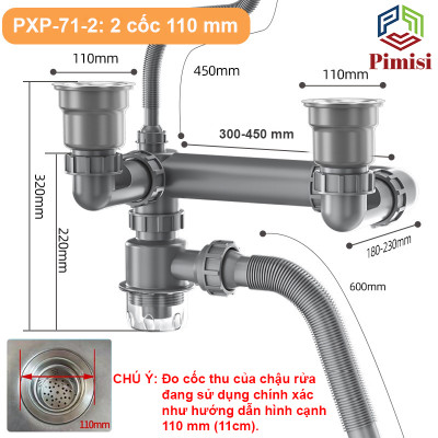 Bộ Xi Phông Xả Thải Bồn Rửa Chén 2 Hố Pimisi PXP-71-2 Cao Cấp - Loại Ống Thải Nhựa Cứng Không Đọng Nước - Cốc Inox 304 Phi 110mm (11cm), Lọc Rác, Bầu Chống Mùi Hôi Và Giảm Dầu Mỡ Ống Dẫn - Có Thoát Tràn | Hàng Chính Hãng