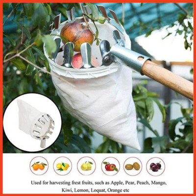 Vợt hái trái cây trên cao 16cm đa năng kèm túi vải - dụng cụ hái hoa quả kim loại siêu bền đẹp