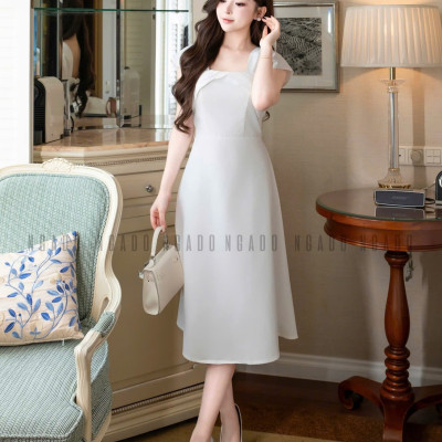 Đầm gấm trắng tay con NGADO , đầm dự tiệc hở vai