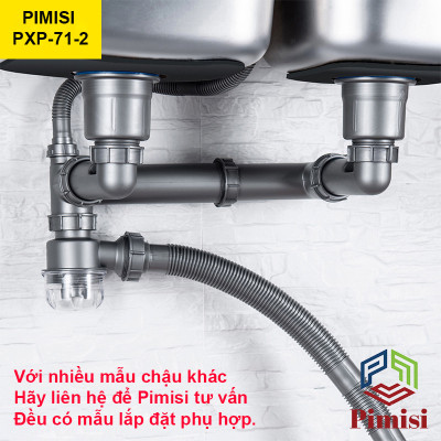 Bộ Xi Phông Xả Thải Bồn Rửa Chén 2 Hố Pimisi PXP-71-2 Cao Cấp - Loại Ống Thải Nhựa Cứng Không Đọng Nước - Cốc Inox 304 Phi 110mm (11cm), Lọc Rác, Bầu Chống Mùi Hôi Và Giảm Dầu Mỡ Ống Dẫn - Có Thoát Tràn | Hàng Chính Hãng