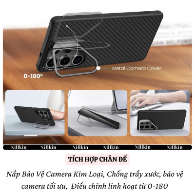 Ốp lưng Carbon Sợi Aramid từ tình chống sốc cho Samsung Galaxy S25 Ultra hiệu Nillkin Aramid Fiber Magnetic - Viền TPU chống va đập, chống bám bẩn, sạc không dây - Hàng nhập khẩu