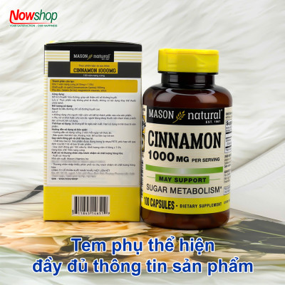 Cinnamon 1000mg Mason Natural Hộp 100 viên ổn định đường huyết hỗ trợ tiểu đường từ Quế nguyên chất