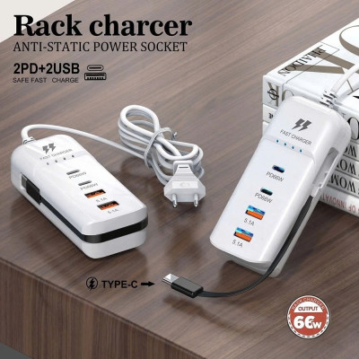 Ổ cắm sạc nhanh điện thoại 4 cổng đa năng 2PD+2USB Type-c kèm dây sạc 66w - Hàng chính hãng