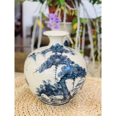 Bình hút lộc men rạn giả cổ, họa tiết vẽ thủ công hoa phù dung  Bát Tràng.