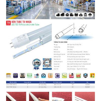 Đèn LED tuýp T8 nhựa 0,6m 9w, 1m2 18w ánh sáng trắng ENA