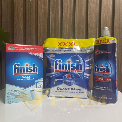 Combo Viên rửa bát Finish Quantum 25 viên hương thường + Muối Finish 1,2kg + Nước làm bóng Finish 800ml