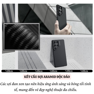 Ốp lưng Carbon Sợi Aramid từ tình chống sốc cho Samsung Galaxy S25 Ultra hiệu Nillkin Aramid Fiber Magnetic - Viền TPU chống va đập, chống bám bẩn, sạc không dây - Hàng nhập khẩu