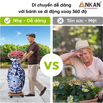 Combo 2 Đế Lót Chậu Cây Có Bánh Xe ANKAN 30cm Gỗ Tràm Mặt Tròn Màu Vàng, Chính Hãng