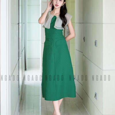 Đầm xanh phối voan kem NGADO , Đầm dự tiệc , Đầm dạo phố