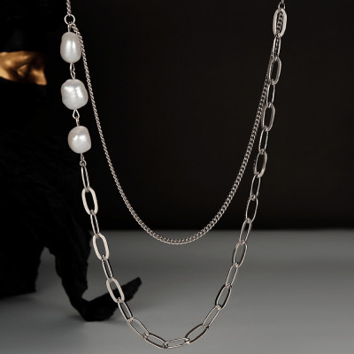 Dây chuyền vòng cổ titan hợp kim phối bất đối xứng hạt châu cá tính unisex nam và nữ