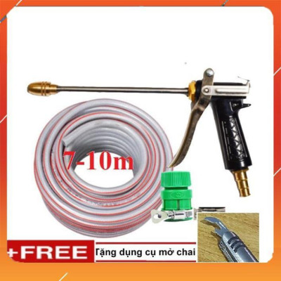 Vòi Xịt️Evoucher Bộ dây vòi xịt nước rửa xe, tưới cây , tăng áp 3 lần, loại 7m, 10m 206318 đầu đồng, đai, + mở chai