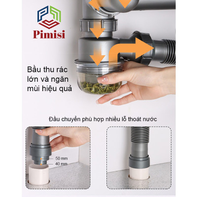 Bộ Xi Phông Xả Thải Bồn Rửa Chén 2 Hố Pimisi PXP-71-2 Cao Cấp - Loại Ống Thải Nhựa Cứng Không Đọng Nước - Cốc Inox 304 Phi 110mm (11cm), Lọc Rác, Bầu Chống Mùi Hôi Và Giảm Dầu Mỡ Ống Dẫn - Có Thoát Tràn | Hàng Chính Hãng