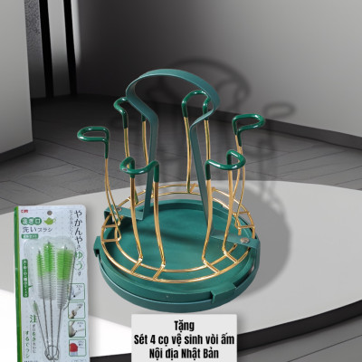 GIÁ KHAY ÚP LY CỐC KIM LOẠI MÀU VÀNG - XANH CỔ VỊT CÓ ĐĨA HỨNG NƯỚC CAO CẤP - ( TẶNG SÉT 04 CỌ VỆ SINH VÒI ẤM NỘI ĐỊA NHẬT BẢN )