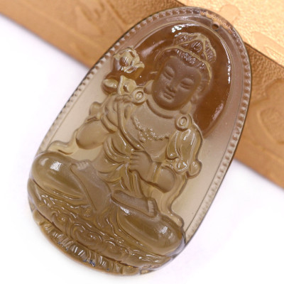 Mặt Phật Đại thế chí obsidian ( thạch anh khói ) 5 cm kèm vòng cổ dây cao su đen - mặt dây chuyền size lớn - size L, Mặt Phật bản mệnh