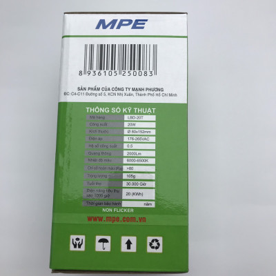 COMBO 2 ĐÈN LED BULB - ÁNH SÁNG TRẮNG - ÁNH SÁNG LIÊN TỤC TỐT CHO THỊ LỰC - 20W MPE LBD-20