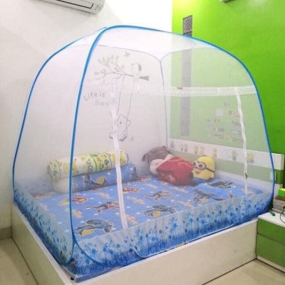 Màn Chụp , Mùng Chụp Tự Bung Cao Cấp Mộc Miên Đỉnh Rộng - Hoạ Tiết Hoa Lá Trắng Viền Xanh ( Hà Nội )