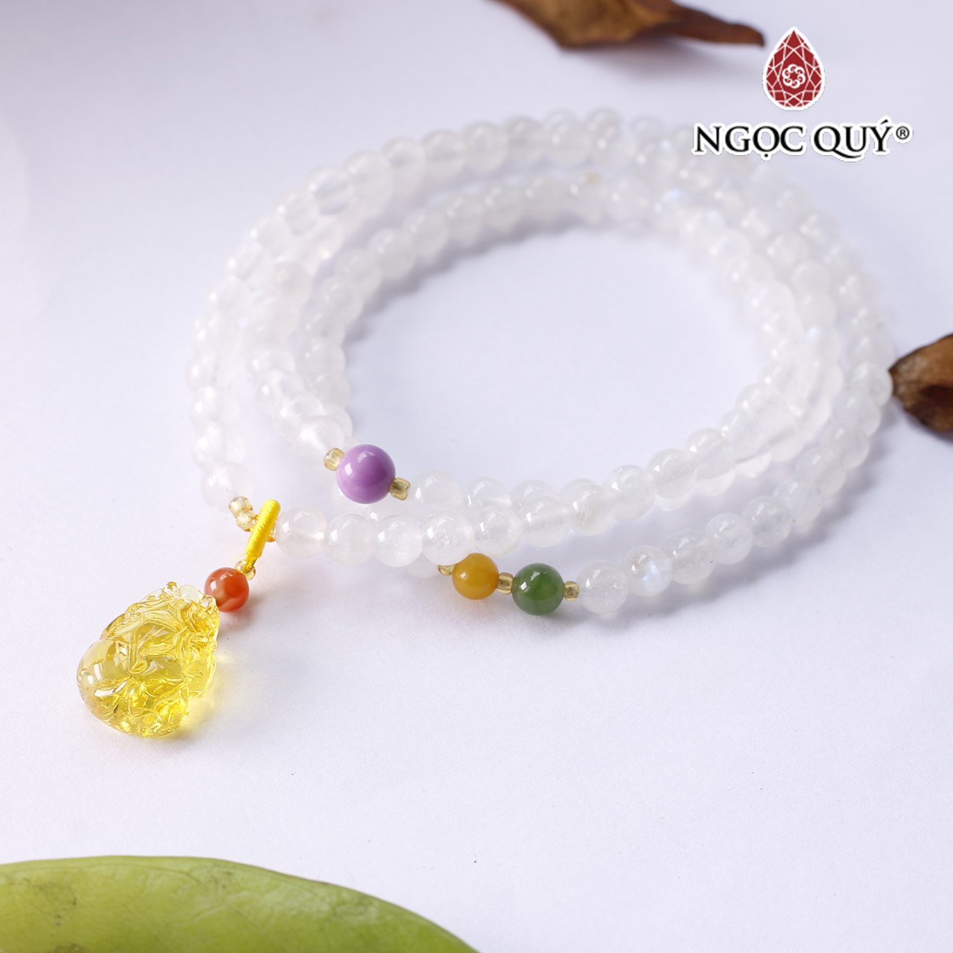 Chuỗi hạt đá mặt trăng hạt 5mm phối tỳ hưu đá hổ phách - Ngọc Quý