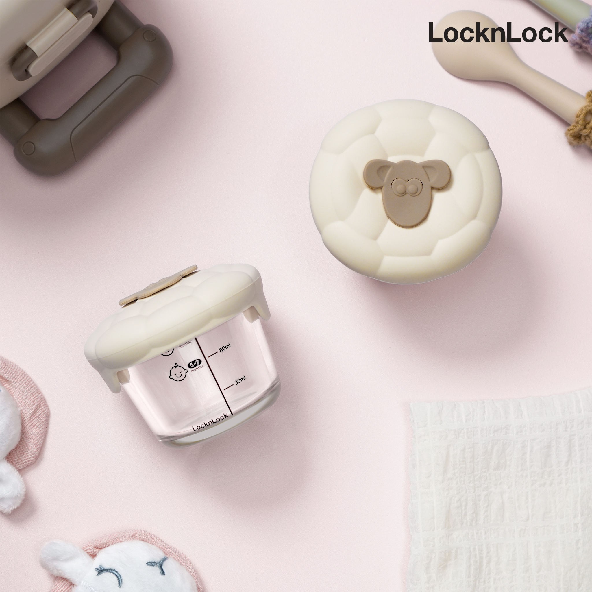 Hộp đựng thức ăn cho bé LocknLock LNG058S2IVY, Hàng chính hãng, 2 hộp 150ml, có vạch chia, nắp hình cừu - JoyMall