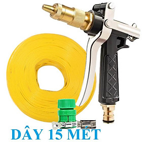 Bộ dây vòi xịt nước rửa xe, tưới cây . tăng áp 3 lần, loại 15m 206318 đầu đồng,đai,nối vàng+ tặng đai