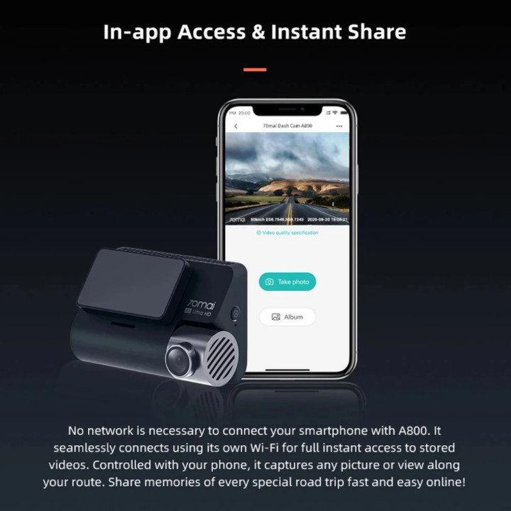 Camera hành trình ô tô Xiaomi 70mai cao cấp A800S chất lượng hình ảnh 4K, tích hợp Wifi (Bộ tích hợp Camera trước + Sau) - Bản Quốc Tế - Hàng Nhập Khẩu