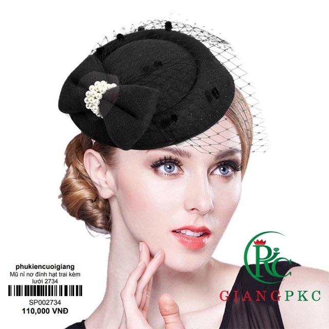 Mũ nỉ đính nơ hạt trai kèm lưới che mặt sp002734