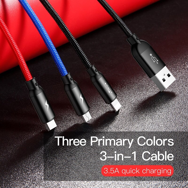 Cáp Sạc Đa Năng 3 Đầu IP - Microusb - Type-C Dài 30cm / 120cm Sạc 3 Thiết Bị Cùng Một Lúc Công Suất 3.5A - Hàng Chính Hãng Baseus
