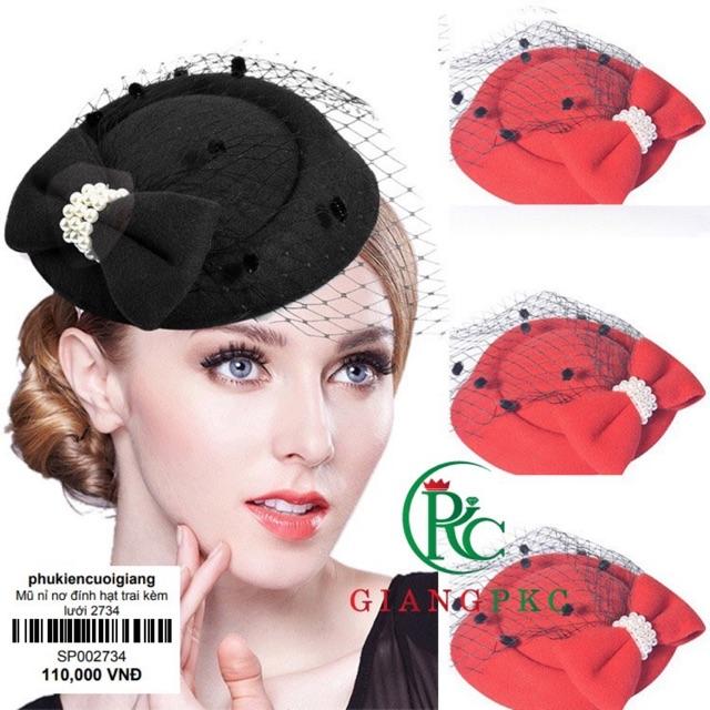 Mũ nỉ đính nơ hạt trai kèm lưới che mặt sp002734