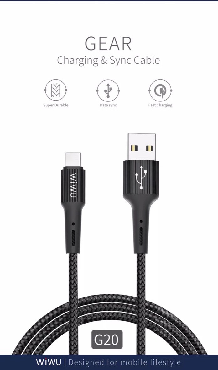 Cáp Wiwu Gear Charging & Sync Cable 2.4A 1.2M G20 cho các thiết bị sạc Type-C, hỗ trợ sạc nhanh, chống rối - Hàng chính hãng