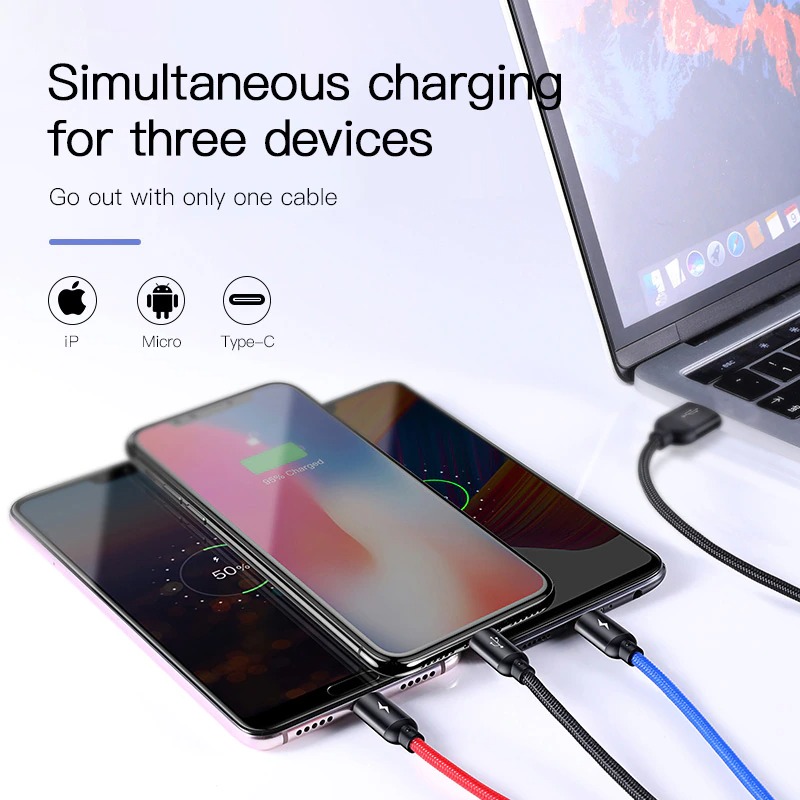 Cáp Sạc Đa Năng 3 Đầu IP - Microusb - Type-C Dài 30cm / 120cm Sạc 3 Thiết Bị Cùng Một Lúc Công Suất 3.5A - Hàng Chính Hãng Baseus