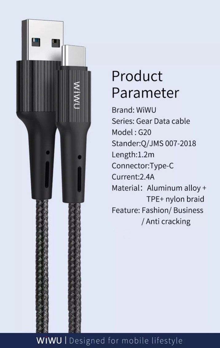 Cáp Wiwu Gear Charging & Sync Cable 2.4A 1.2M G20 cho các thiết bị sạc Type-C, hỗ trợ sạc nhanh, chống rối - Hàng chính hãng