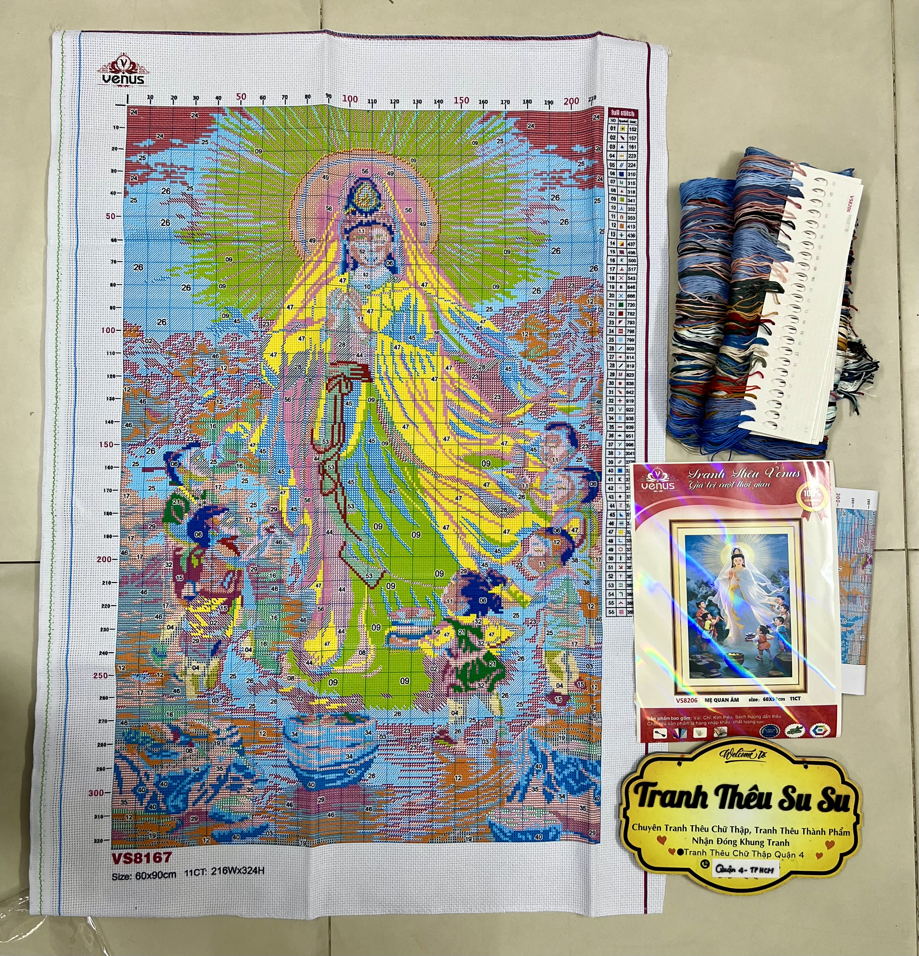 Tranh thêu kín quan âm tống tử vs8206, kích thước 60 x 90 cm