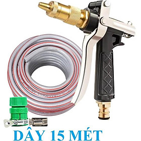 Bộ dây vòi xịt nước rửa xe, tưới cây . tăng áp 3 lần, loại 15m 206318 đầu đồng, đai, nối vàng