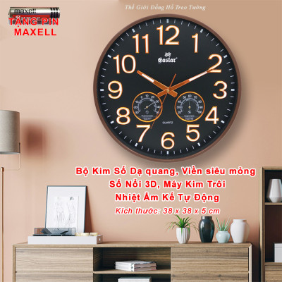 Đồng Hồ Treo Tường DẠ QUANG Tròn Lớn (38cm) - NHIỆT ẨM KẾ Tự Động (Không Dùng Pin) - Máy KIM TRÔI EASTAR - Số Nổi 3D - Viền Siêu Mỏng - Tặng Pin Maxell - BH 1 Năm