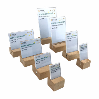 Kệ mica 1 mặt đế gỗ Enter FG-01 90x120mm, Kệ thông tin sản phẩm, Standee mica để bàn, Bảng quét mã QR Code