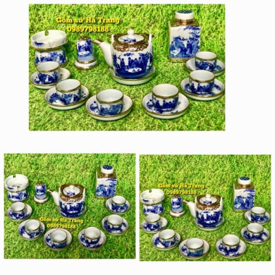 Bộ ấm chén trúc lâm thất hiền dáng vại bọc đồng đủ phụ kiện y hình