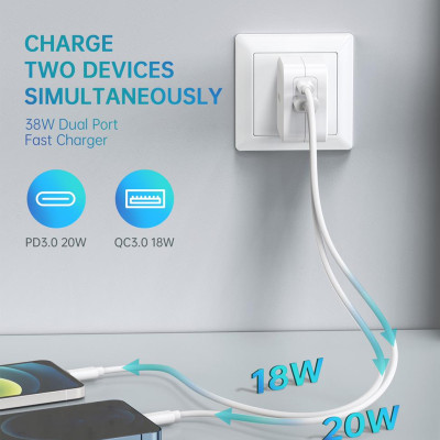 Bộ Củ Sạc CHOETECH QC 3.0 & PD 3.0 38W PD5002-W + Cáp Type C To Lightning MFI Apple 1.2M IP0039 Sạc Nhanh Cho iPhone - Hàng Chính Hãng