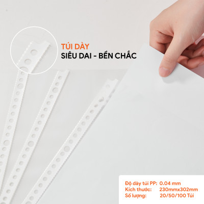 Bìa Lỗ A4, Túi Sơ Mi Lỗ AO+ dày 0.04 mm đựng tài liệu văn phòng dùng với bìa còng (Xấp 20/50/100 Cái) PA004