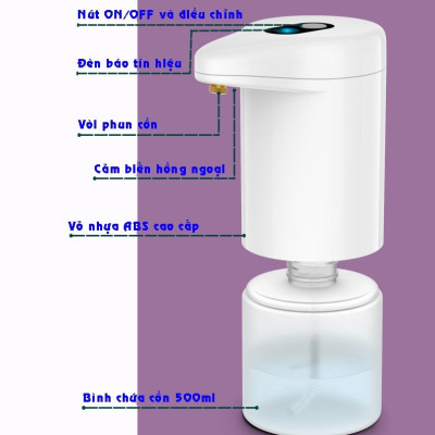Máy phun cồn khử trùng diệt khuẩn thông minh cảm ứng tự động, dung tích 500ml, dùng pin, thích hợp với gel và dung dịch sát khuẩn