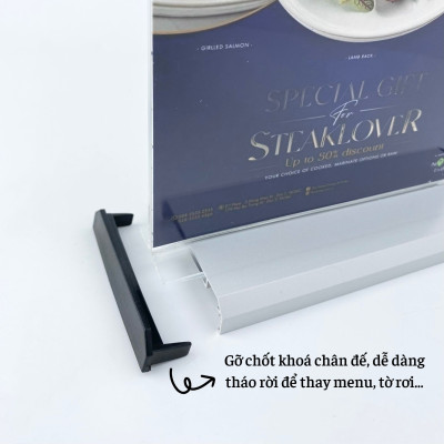 Kệ menu nhà hàng, Standee mica để bàn, Bảng quét mã QR Code, Kệ mica 2 mặt Enter E33 100x150mm đế nhôm A6