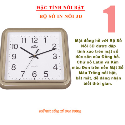 Đồng Hồ Treo Tường KIM TRÔI EASTAR Cao Cấp Mặt Vuông, Viền kim tuyến, Số nổi Ánh kim - Tặng Pin Maxell - BH 1 Năm - Decor Trang Trí Nhà 