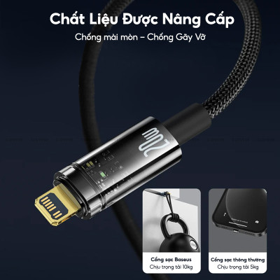 Cáp Tự Ngắt BASEUS Explorer Series Typc-C to iP Sạc Nhanh 20W, Đầu Cáp Trong Suốt Đèn LED báo Sạc Dây Bện Nylon - Hàng Chính Hãng