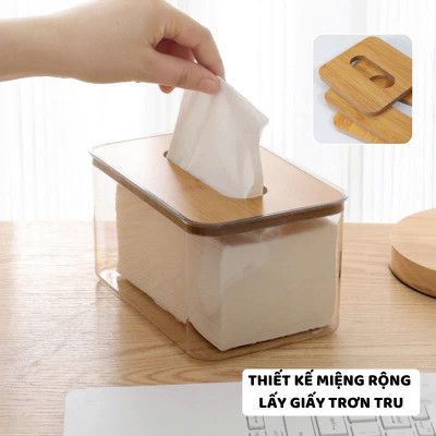 11x11x8.5 Hộp Đựng Giấy Ăn Khăn Giấy Nhựa MiKa Trong Suốt Nắp Gỗ Tre Tự Nhiên Màu Sắc Kiểu Dáng Phong Cách Bắc Âu VUÔNG