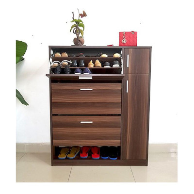Tủ Giày Hiện Đại Màu Trắng - Nâu Sẩm , Gồm 3 Ngăn Để Giày Có Cánh Lật, 1 Ngăn Để Dép