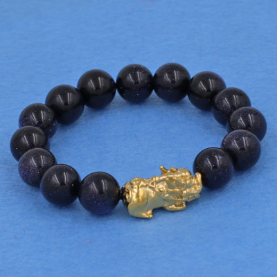 Chuỗi đeo tay đá lam sa 12 ly - cẩn Tỳ Hưu inox vàng VLSTHV12