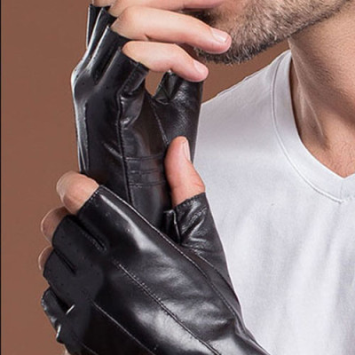 Găng tay nam lái xe BHY8861 Găng tay hở ngón, Bao tay phượt, da cừu thật, đeo 4 mùa.