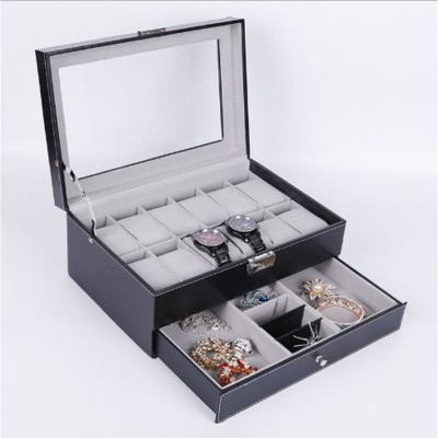 Hộp Đựng Đồng Hồ Nam Nữ  2 Tầng 21 Ngăn Bọc Da Cao Cấp Có Mút Silicon Chống Xước Mặt Đồng Hồ - Hàng Chính Hãng MINIIN